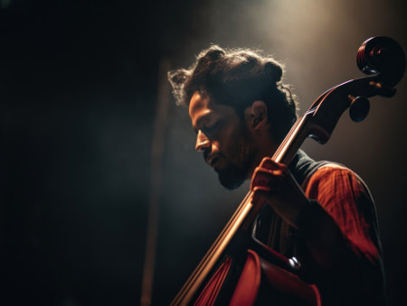 A man playing a cello in a dark room. Generative AI image.の素材