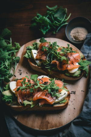 Two open sandwiches topped with salmon, avocado, and lettuce. Generative AI image.の素材