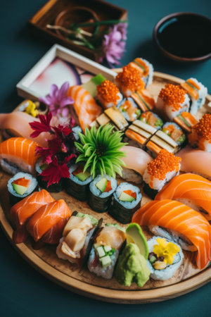 A platter of sushi and rolls on a table. Generative AI image.の素材