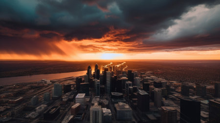 A sunset over a city with a river running through it. Generative AI image.の素材