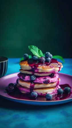 A stack of pancakes with blueberries on a plate. Generative AI image.の素材