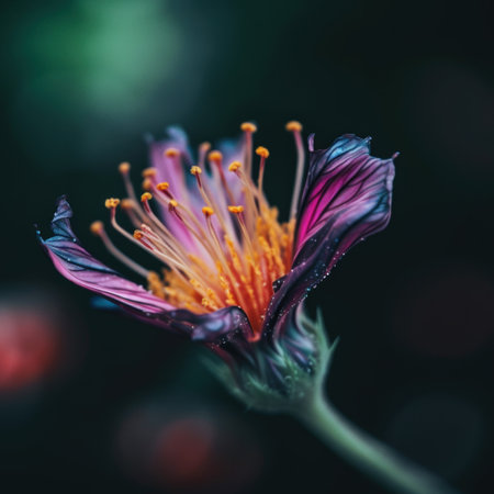 A close up of a purple flower with yellow stamens. Generative AI image.の素材