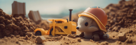 A teddy bear in a construction helmet sitting in the sand. Generative AI image.の素材