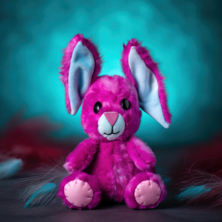 A pink stuffed rabbit sitting on top of a table. Generative AI image.の素材