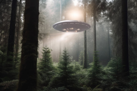 A flying object in the middle of a forest. Generative AI image.の素材