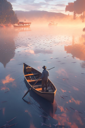 A man sitting in a row boat on a lake. Generative AI image.の素材