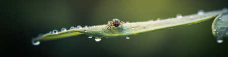 A fly sitting on top of a leaf covered in water droplets. Generative AI image.の素材