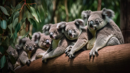 A group of koalas sitting on top of a log. Generative AI image.の素材