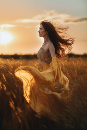 A woman in a yellow dress walking through a field. Generative AI image.の素材