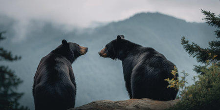 Two black bears sitting on top of a rock. Generative AI image.の素材