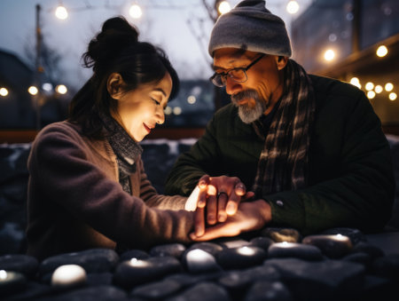 A man and woman looking at a lit candle. Generative AI image.の素材