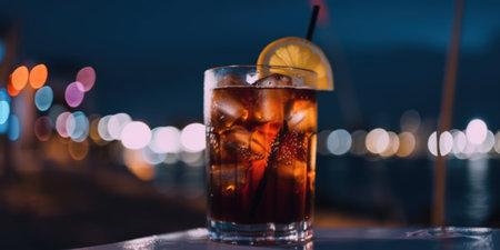 A glass of soda with a slice of lemon on top of it. Generative AI image.の素材