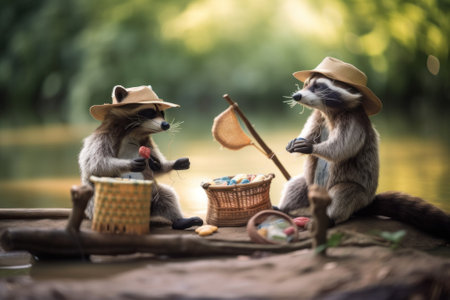 A couple of raccons sitting on top of a boat. Generative AI image.の素材