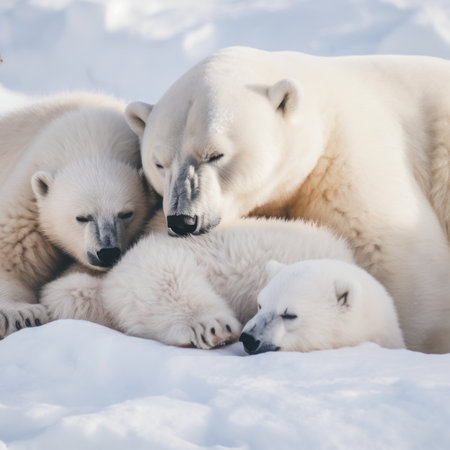 A group of polar bears laying on top of each other. Generative AI image.の素材