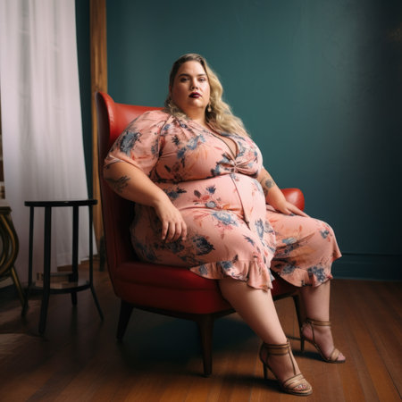 A woman sitting in a chair in a room. Generative AI image.の素材