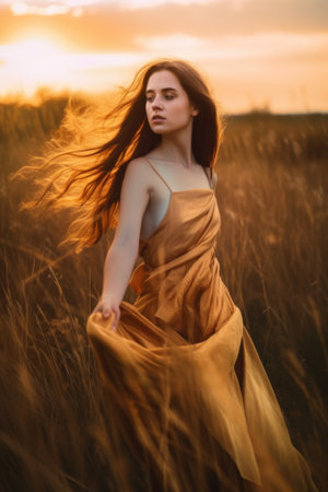 A woman is walking through a field of tall grass. Generative AI image.の素材