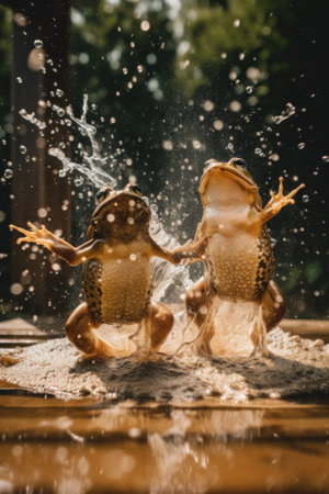 Two frogs playing in the water with each other. Generative AI image.の素材