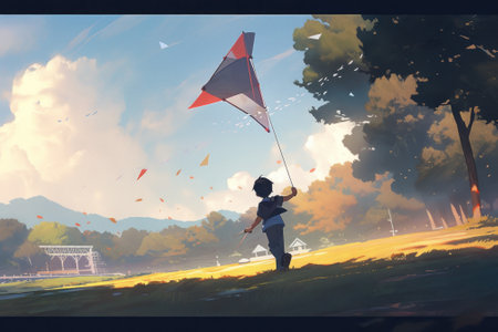A little boy flying a kite in a park. Generative AI image.の素材