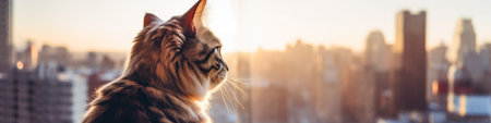 A cat sitting on a window sill looking out at a city. Generative AI image.の素材