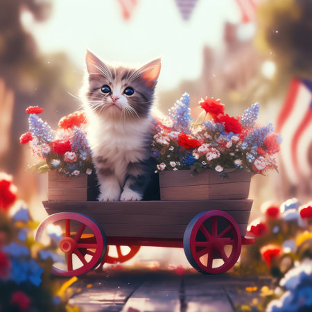 A kitten sitting in a wagon filled with flowers. Generative AI image.の素材