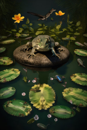 A turtle sitting on top of a rock in a pond. Generative AI image.の素材