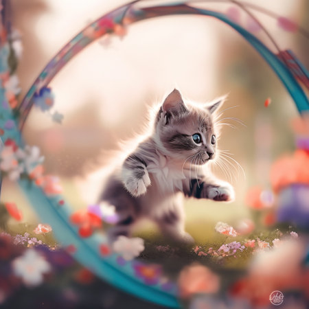 A kitten is playing with a toy in the grass. Generative AI image.の素材