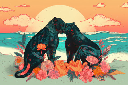 A couple of black cats sitting on top of a sandy beach. Generative AI image.の素材