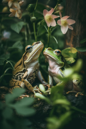 A couple of frogs sitting next to each other. Generative AI image.の素材