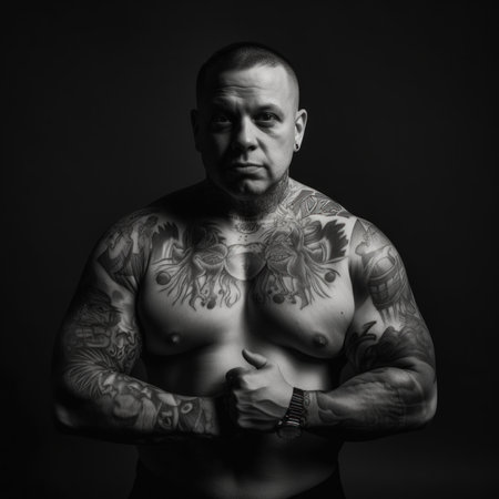 A man with tattoos on his chest and chest. Generative AI image.の素材