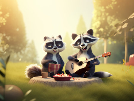 A couple of raccoons sitting on top of a tree stump. Generative AI image.の素材