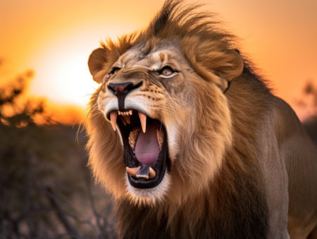 A close up of a lion with its mouth open. Generative AI image.の素材