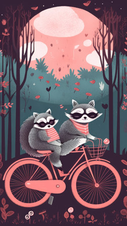 A couple of raccoons riding a bike in the woods. Generative AI image.の素材