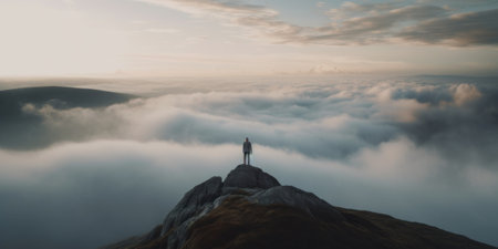 A person standing on top of a mountain above the clouds. Generative AI image.の素材