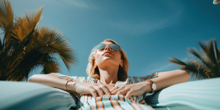 A woman sitting on top of a bed next to a palm tree. Generative AI image.の素材