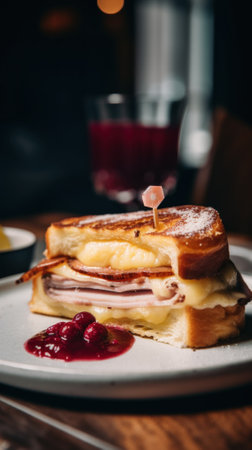 A white plate topped with a cut in half sandwich. Generative AI image.の素材