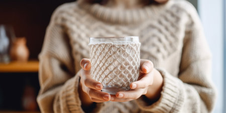 A woman holding a glass of water in her hands. Generative AI image.の素材
