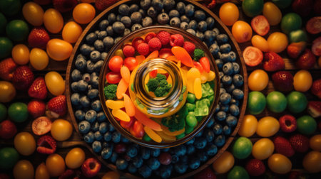 A bowl filled with assorted fruits and vegetables. Generative AI image.の素材