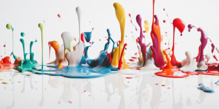 A group of colorful paint pouring down a white surface. Generative AI image.の素材