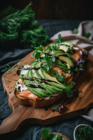 A wooden cutting board topped with a sandwich covered in avocado. Generative AI image.の素材