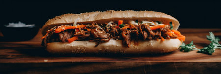 A pulled pork sandwich with carrots and onions on a cutting board. Generative AI image.の素材