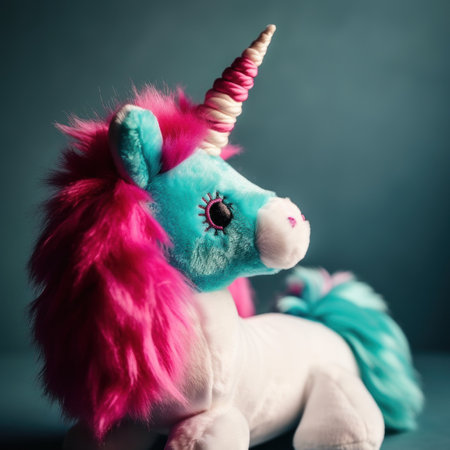 A close up of a stuffed unicorn on a table. Generative AI image.の素材