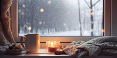 A cup of coffee sitting next to a candle on a window sill. Generative AI image.の素材