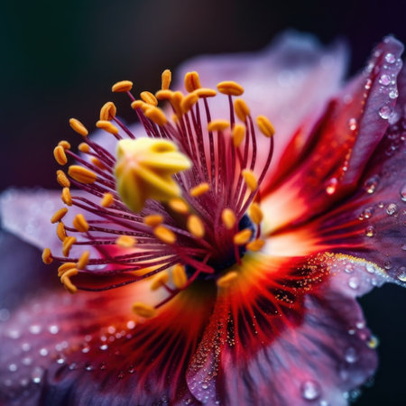 A close up of a flower with water droplets. Generative AI image.の素材