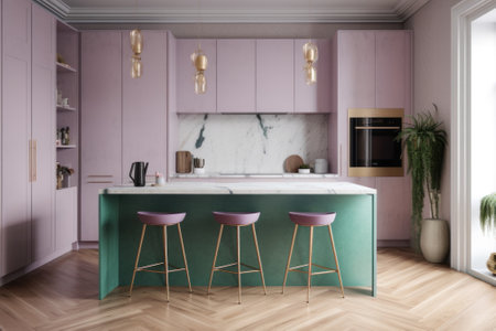 A kitchen with pink cabinets and a marble island. Generative AI image.の素材