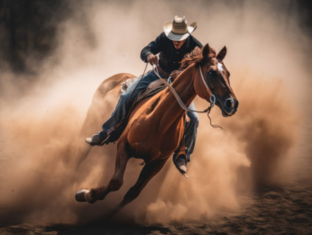 A man riding on the back of a brown horse. Generative AI image.の素材