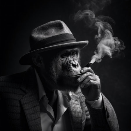 A man in a suit smoking a cigarette. Generative AI image.の素材