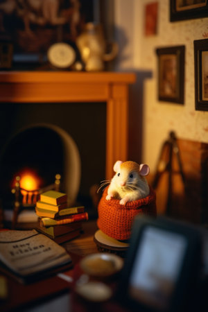 A mouse sitting in a basket in front of a fireplace. Generative AI image.の素材