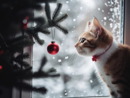 A cat looking out a window at a christmas tree. Generative AI image.の素材