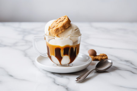 A classic affogato is a dessert consisting of a scoop of vanilla gelato or ice cream drowned in hot espresso. Generative AI image.の素材