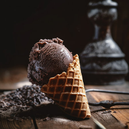 Rich chocolate ice cream waffle cone. Generative AI image.